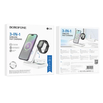 Töltő, Borofone BQ26, 3in1, vezeték nélküli indukciós töltőállvány, 15W, fehér, bliszteres