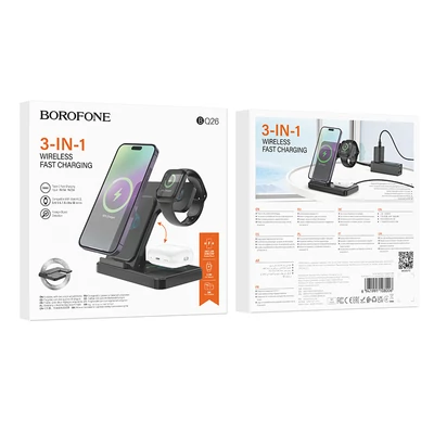 Töltő, Borofone BQ26, 3in1, vezeték nélküli indukciós töltőállvány, 15W, fekete, bliszteres
