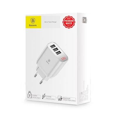 Töltő, hálózati töltőfej, Baseus CCALL-BH02, 3 USB kimenettel, 3.4A, fehér, bliszteres 