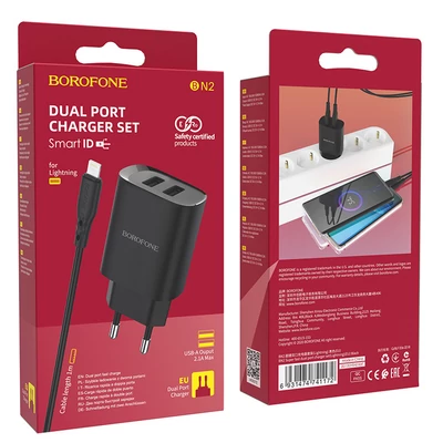 Töltő, Borofone BN2, 2 USB kimenettel, micro USB kábellel, 2.1A, fekete, bliszteres