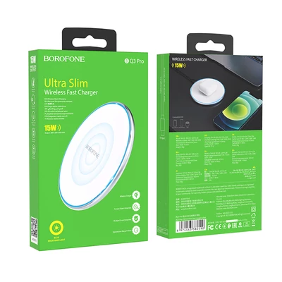 Töltő, Borofone BQ3 Pro, vezeték nélküli indukciós töltő, 15W, 2A, ezüst, bliszteres
