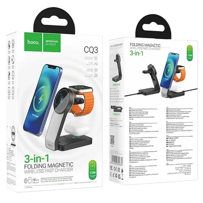 Töltő, Hoco CQ3, 3in1, vezeték nélküli indukciós töltőállvány, 15W, 2A, fekete, bliszteres