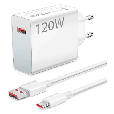 Töltő, Xiaomi töltőfej 120W /MDY-13-EE/, USB - Type-C kábellel, 6A, gyorstöltő, gyári, fehér, csomagolás nélküli
