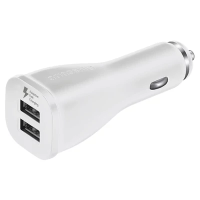 Töltő, Samsung gyári autós töltőfej (EP-LN920), 2 USB bemenettel, 2000mAh, gyorstöltő, fehér