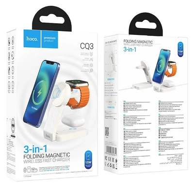Töltő, Hoco CQ3, 3in1, vezeték nélküli indukciós töltőállvány, 15W, 2A, fehér, bliszteres