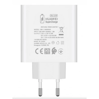 Töltő, hálózati, Huawei töltőfej /HW-110600E00/, gyorstöltő, 66W, USB-A kimenet, gyári, fehér, csomagolás nélküli 