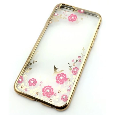 Tok, Ultra-slim szilikon tok, Apple Iphone X / XS, arany keretes, rózsaszín virág mintás, Swarovski kristályos