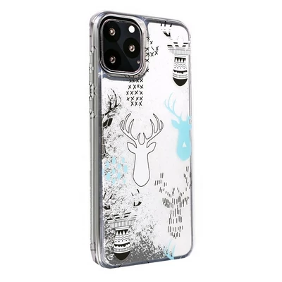 Tok, Winter Water Case szilikon tok, Apple Iphone 11 (6,1"), minta 2 (Rénszarvasok), átlátszó, fehér csillámmal