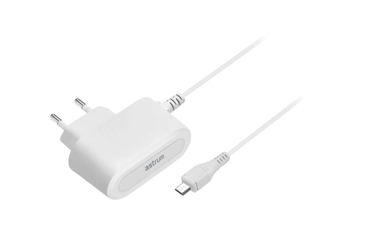 Töltő, hálózati, Astrum, (microUSB), (2A), 1,5 méteres kábel, fehér, bliszteres