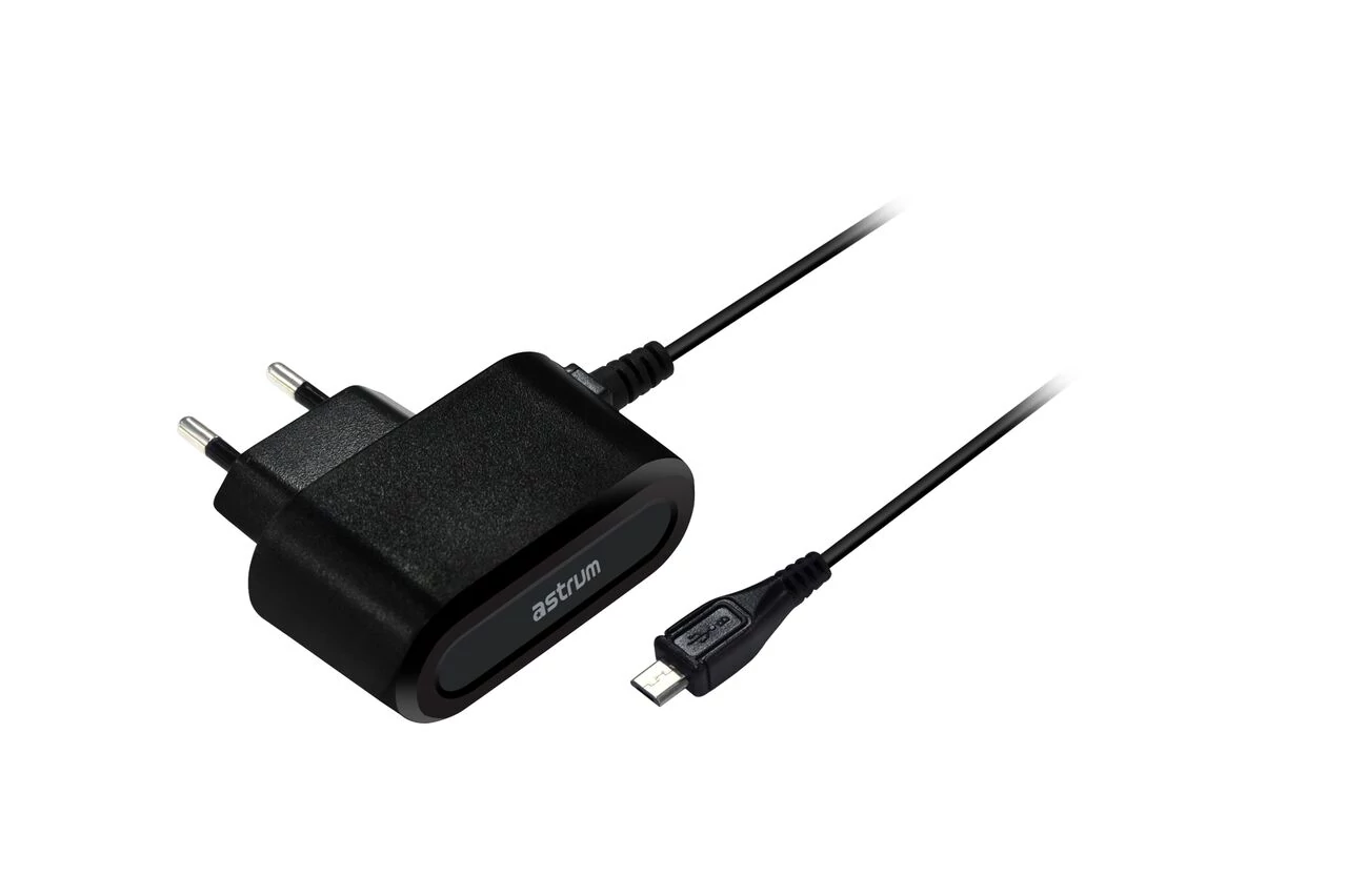 Töltő, hálózati, Astrum, (microUSB), (1A), 1,5 méteres kábel, fekete, bliszteres