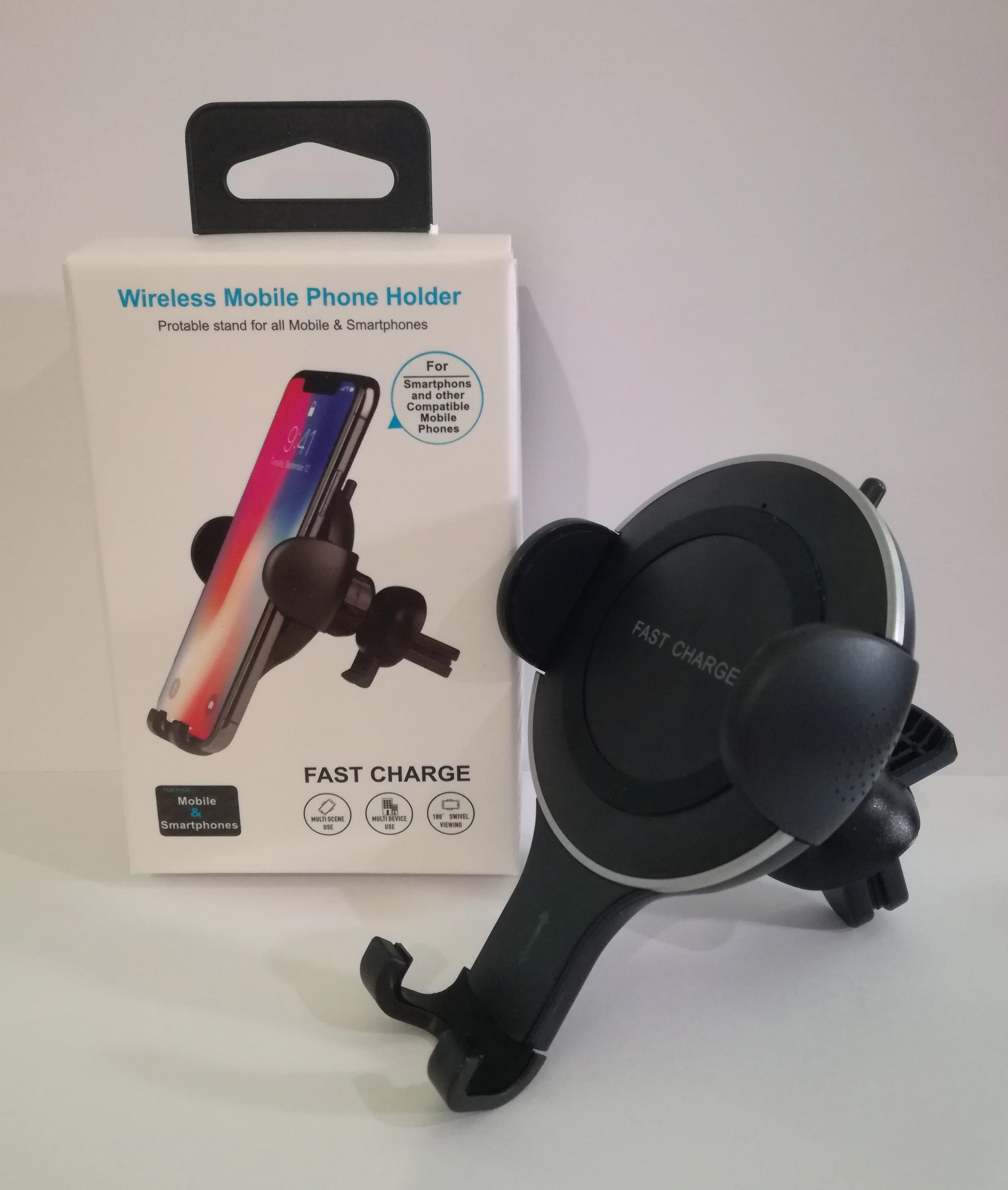 Univerzális autós tartó szellőzőrácsra, Q76T, wireless töltés, fekete, bliszteres
