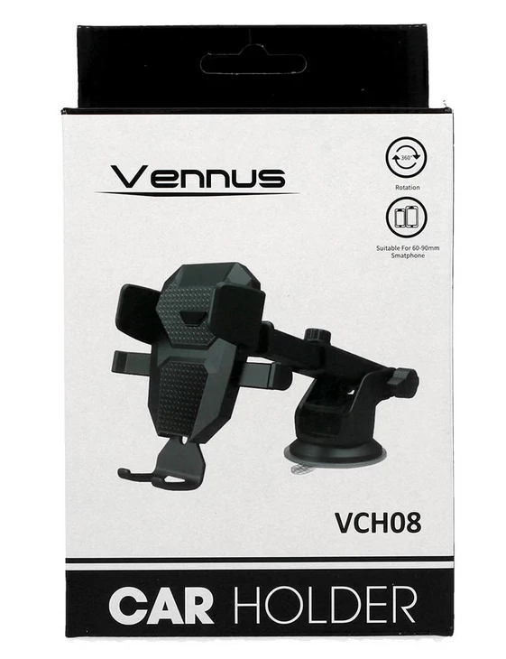 Autós tartó, Vennus (VCH08), univerzális autós tartó, szélvédőre / műszerfalra, fekete, bliszteres
