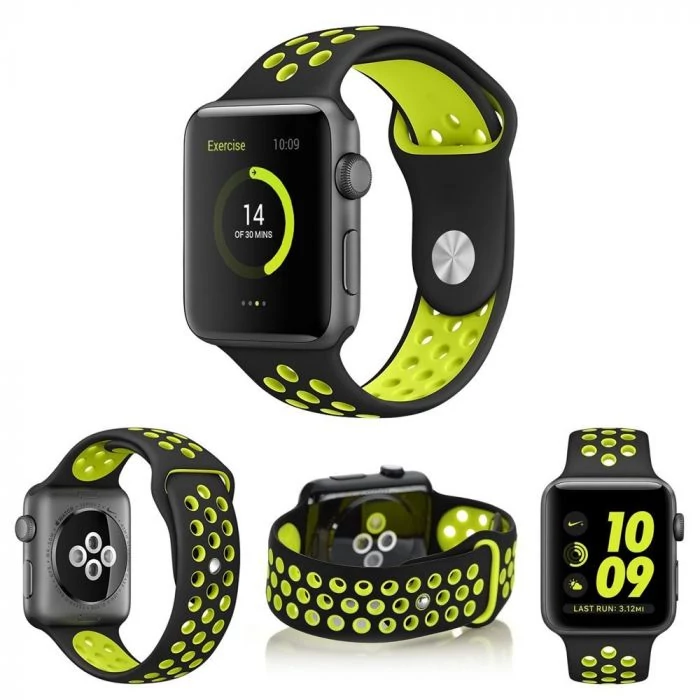 Szilikon sport szíj, Apple Watch, Méret: 42/44/45mm, fekete-citromsárga