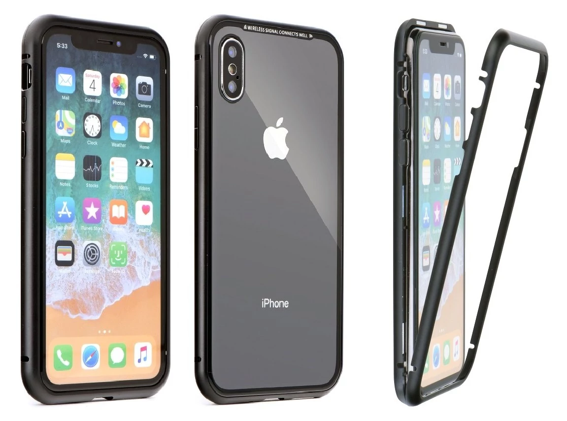 Tok, Magneto, mágneses alumínium bumper, üveg hátlappal, Apple Iphone XS Max, fekete