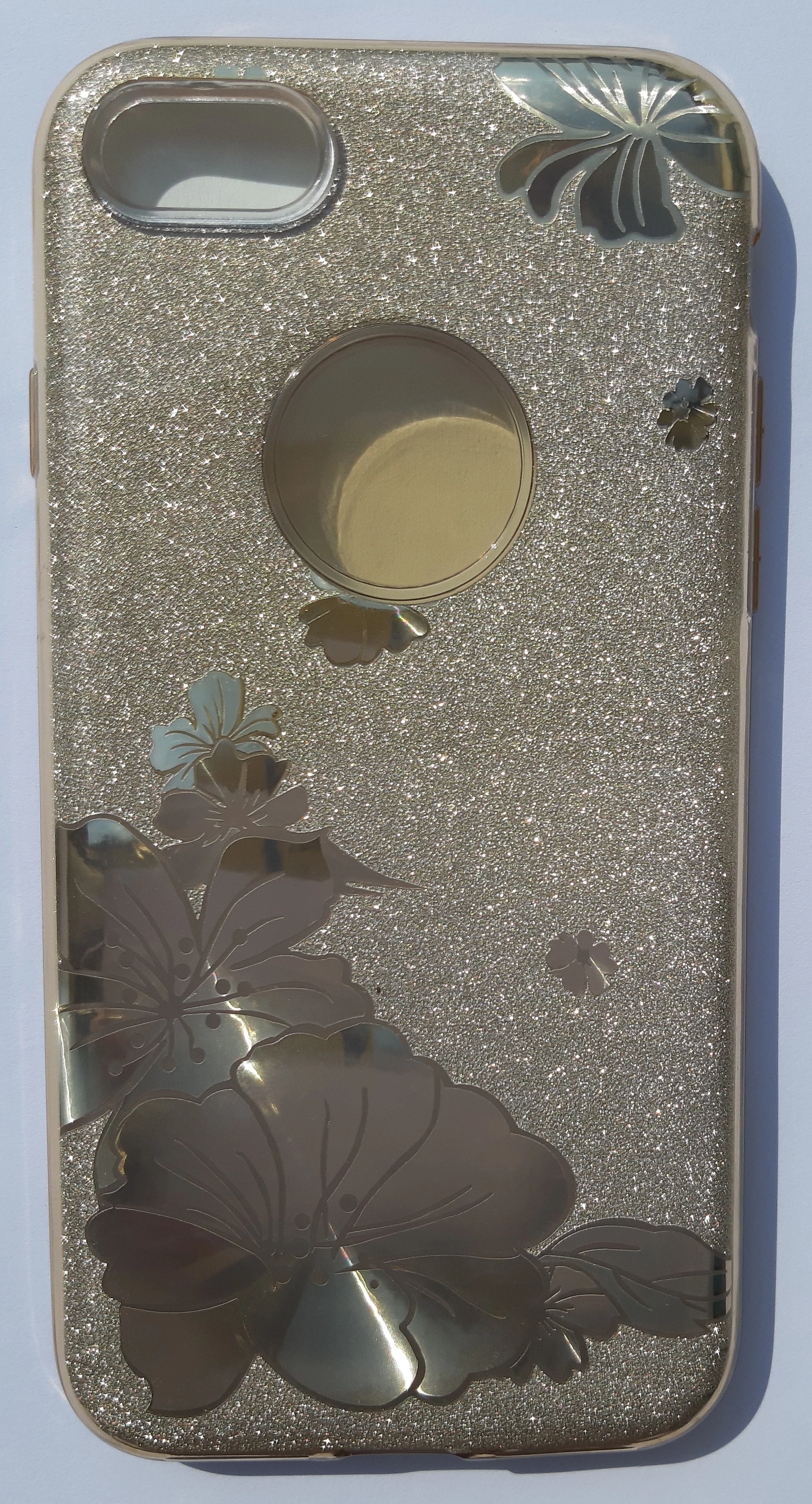 Szilikon tok, Apple Iphone 7 / 8, virág mintás, 3 részes, csillogó arany 