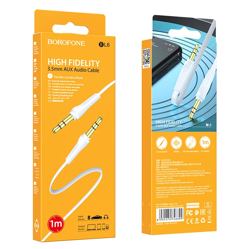 Aux kábel, Borofone BL6, 3.5mm jack csatlakozóval, 1 méter, fehér