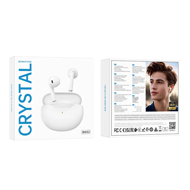Bluetooth headset, Borofone BW52, vezeték nélküli fülhallgató, töltő tokkal, fehér, bliszteres