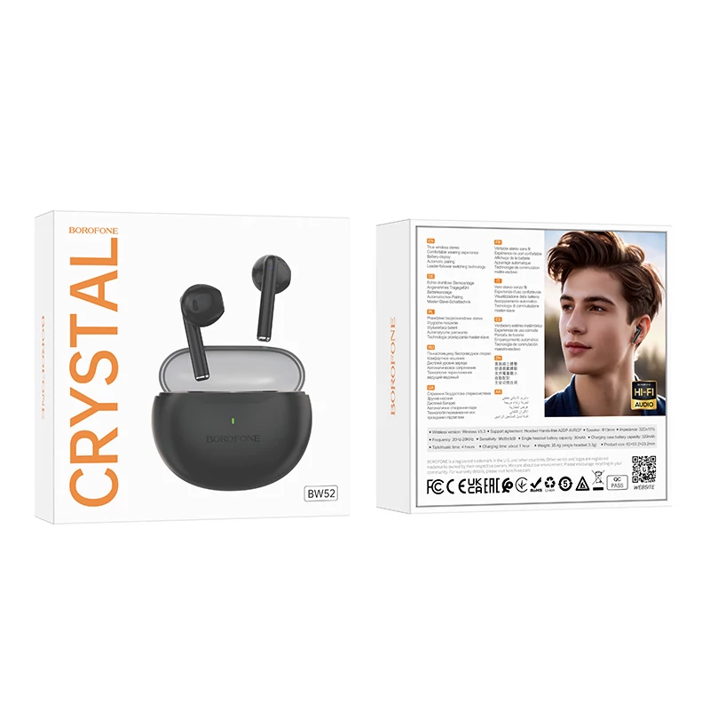 Bluetooth headset, Borofone BW52, vezeték nélküli fülhallgató, töltő tokkal, fekete, bliszteres