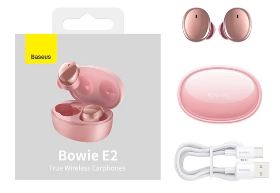 Bluetooth headset, Baseus Bowie E2 /NGTW090004/, vezeték nélküli fülhallgató, töltő tokkal, rózsaszín, bliszteres