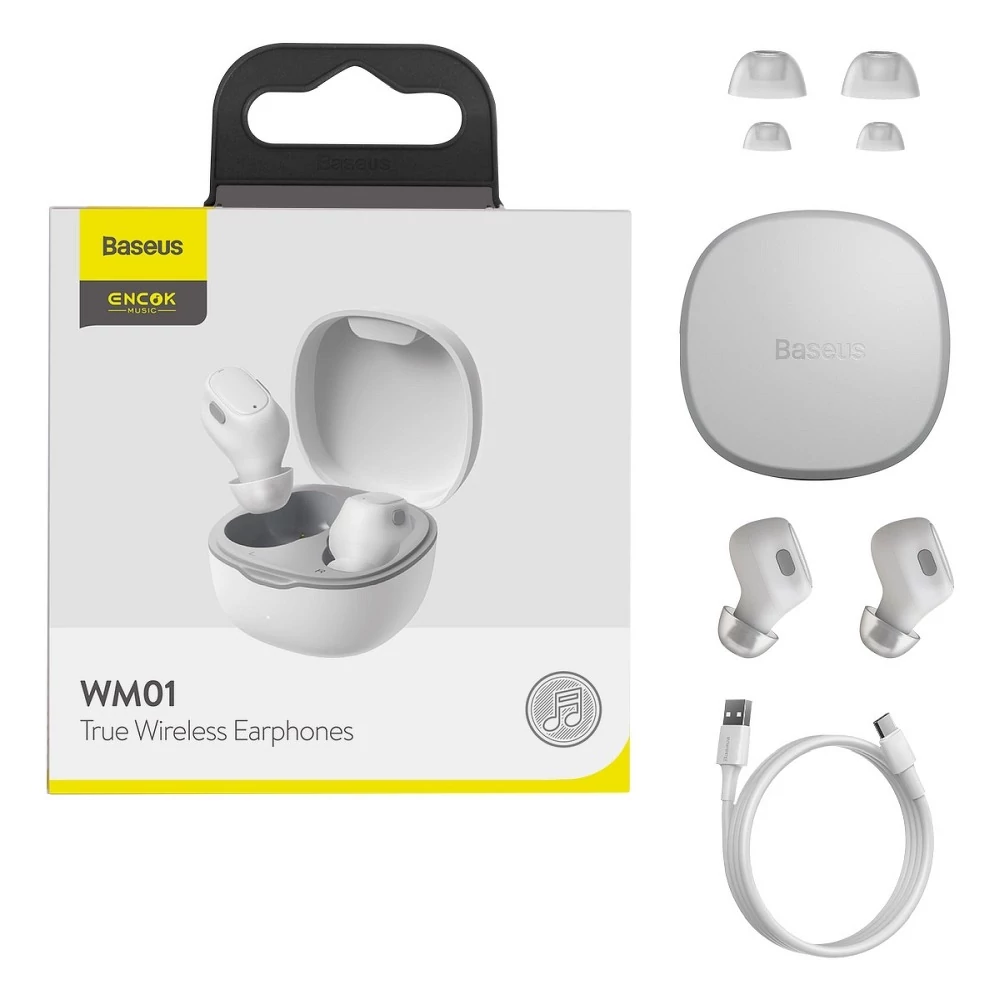 Bluetooth headset, Baseus Encok WM01 /NGWM01-02/NGTW240002/, vezeték nélküli fülhallgató, töltő tokkal, fehér, bliszteres
