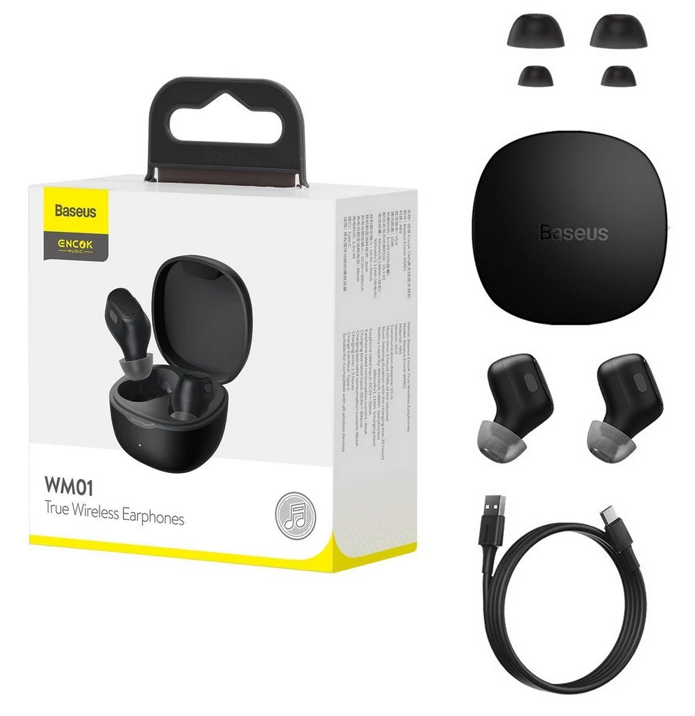 Bluetooth headset, Baseus Encok WM01 /NGWM01-01/NGTW240001/, vezeték nélküli fülhallgató, töltő tokkal, fekete, bliszteres
