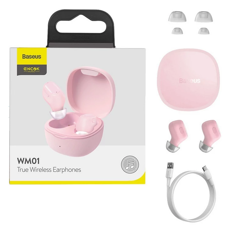 Bluetooth headset, Baseus Encok WM01 /NGWM01-04/ NGTW240004/, vezeték nélküli fülhallgató, töltő tokkal, rózsaszín, bliszteres