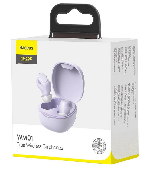 Bluetooth headset, Baseus Encok WM01 /NGWM01-05/, vezeték nélküli fülhallgató, töltő tokkal, lila, bliszteres