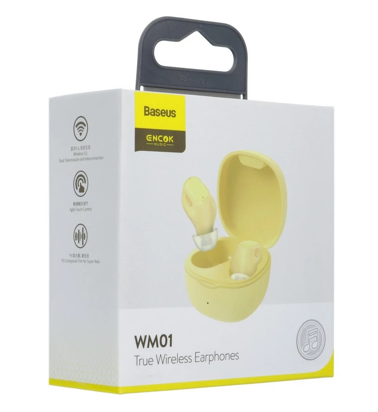 Bluetooth headset, Baseus Encok WM01 /NGWM01-0Y/, vezeték nélküli fülhallgató, töltő tokkal, citromsárga, bliszteres