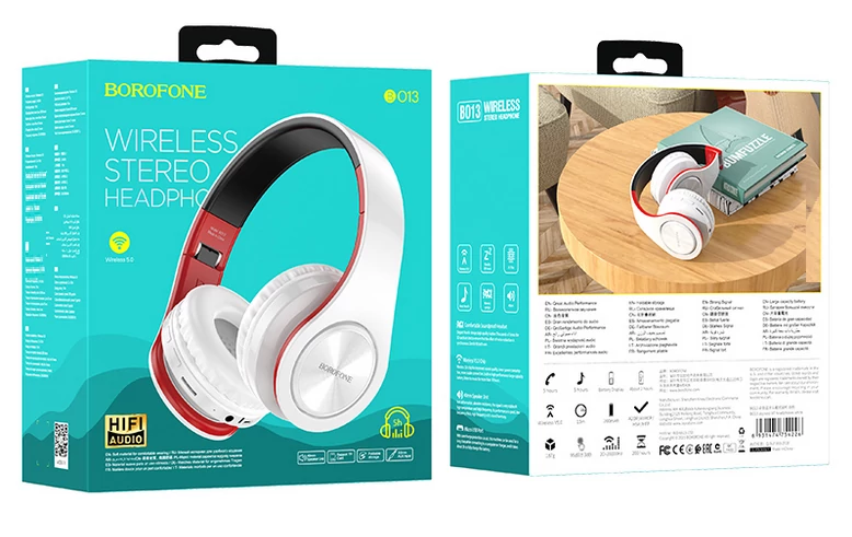Bluetooth headset, Borofone BO13, sztereó fejhallgató mikrofonnal, fehér-piros, bliszteres