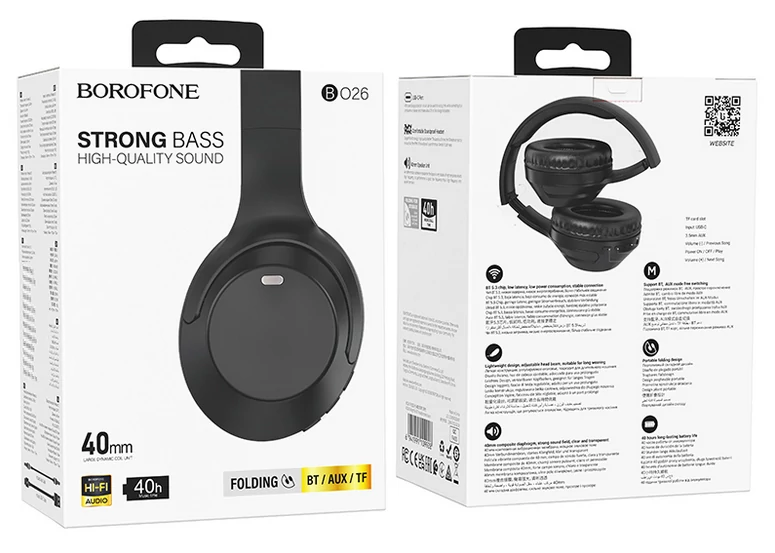 Bluetooth headset, Borofone BO26, sztereó fejhallgató mikrofonnal, fekete, bliszteres
