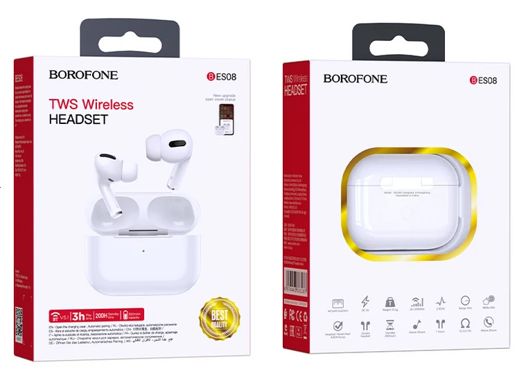 Bluetooth headset, Borofone BES08, vezeték nélküli fülhallgató, töltő tokkal, Lightning USB kábel, LED állapotjelzővel, fehér, bliszteres