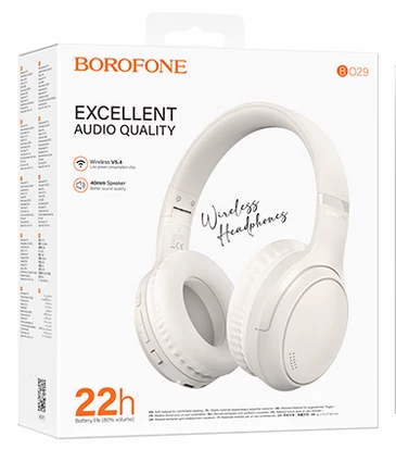 Bluetooth headset, Borofone BO29, sztereó fejhallgató mikrofonnal, fehér, bliszteres