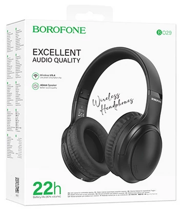 Bluetooth headset, Borofone BO29, sztereó fejhallgató mikrofonnal, fekete, bliszteres