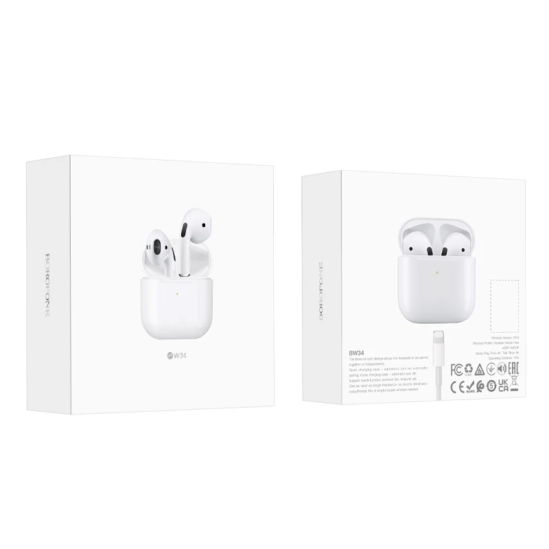 Bluetooth headset, Borofone BW34, vezeték nélküli fülhallgató, töltő tokkal, Lightning USB kábel, fehér, bliszteres