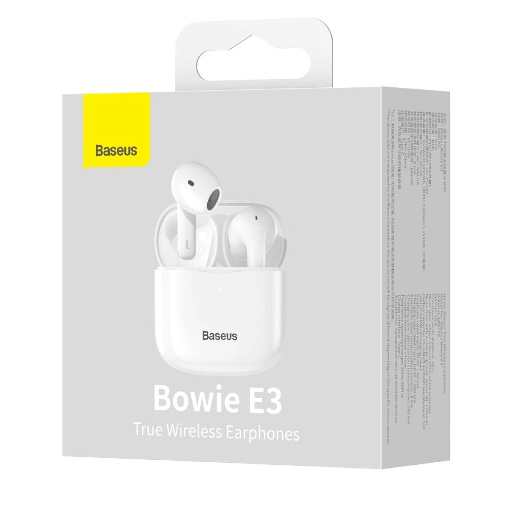 Bluetooth headset, Baseus Bowie E3 /NGTW080002/, vezeték nélküli fülhallgató, töltő tokkal, fehér, bliszteres
