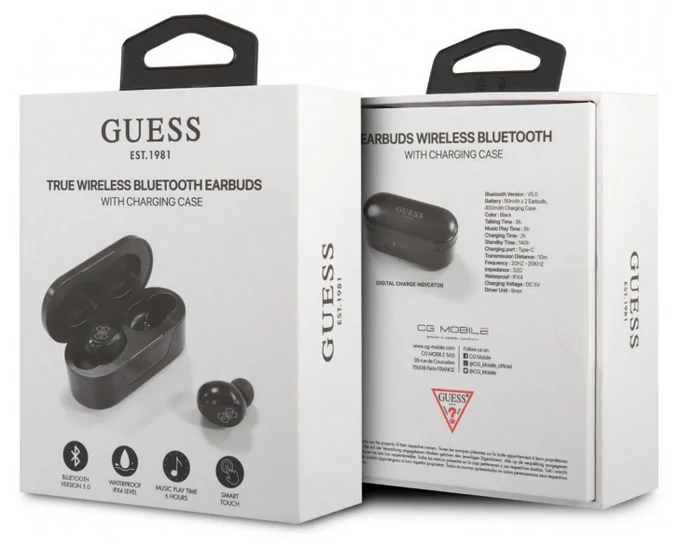 Bluetooth headset, Guess /Classic Logo BT5.0/, vezeték nélküli fülhallgató, töltő tokkal, fekete, bliszteres