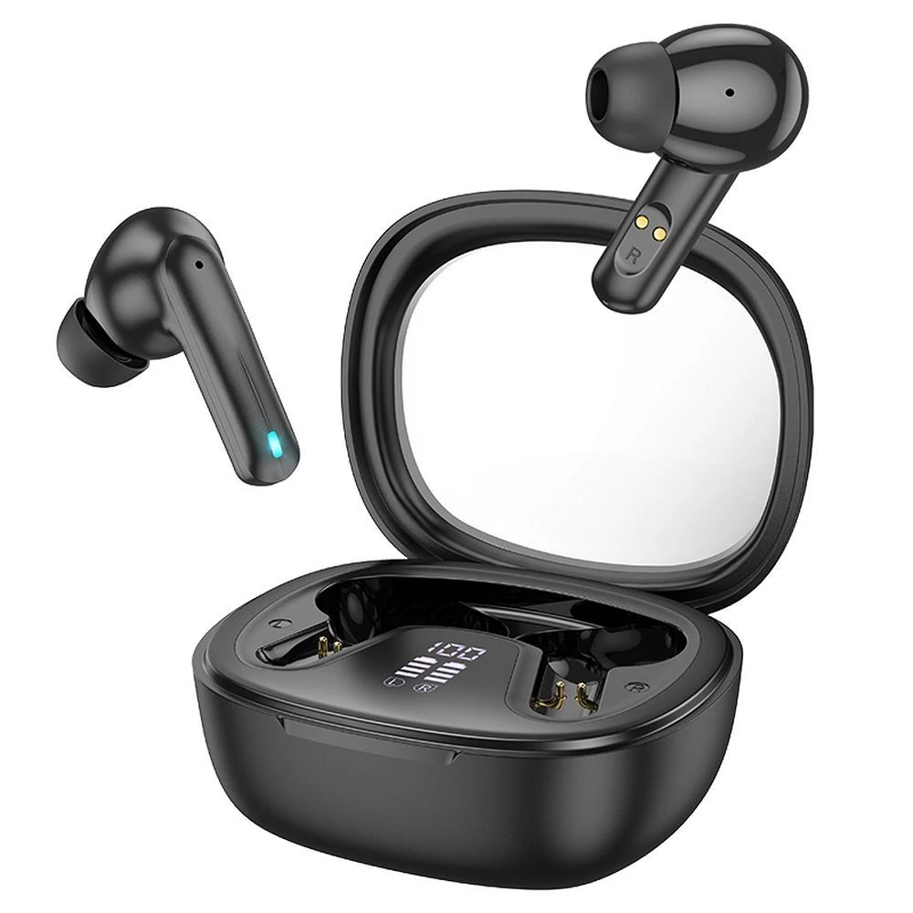 Bluetooth headset, Hoco EQ6, vezeték nélküli fülhallgató, töltő tokkal, fekete, bliszteres