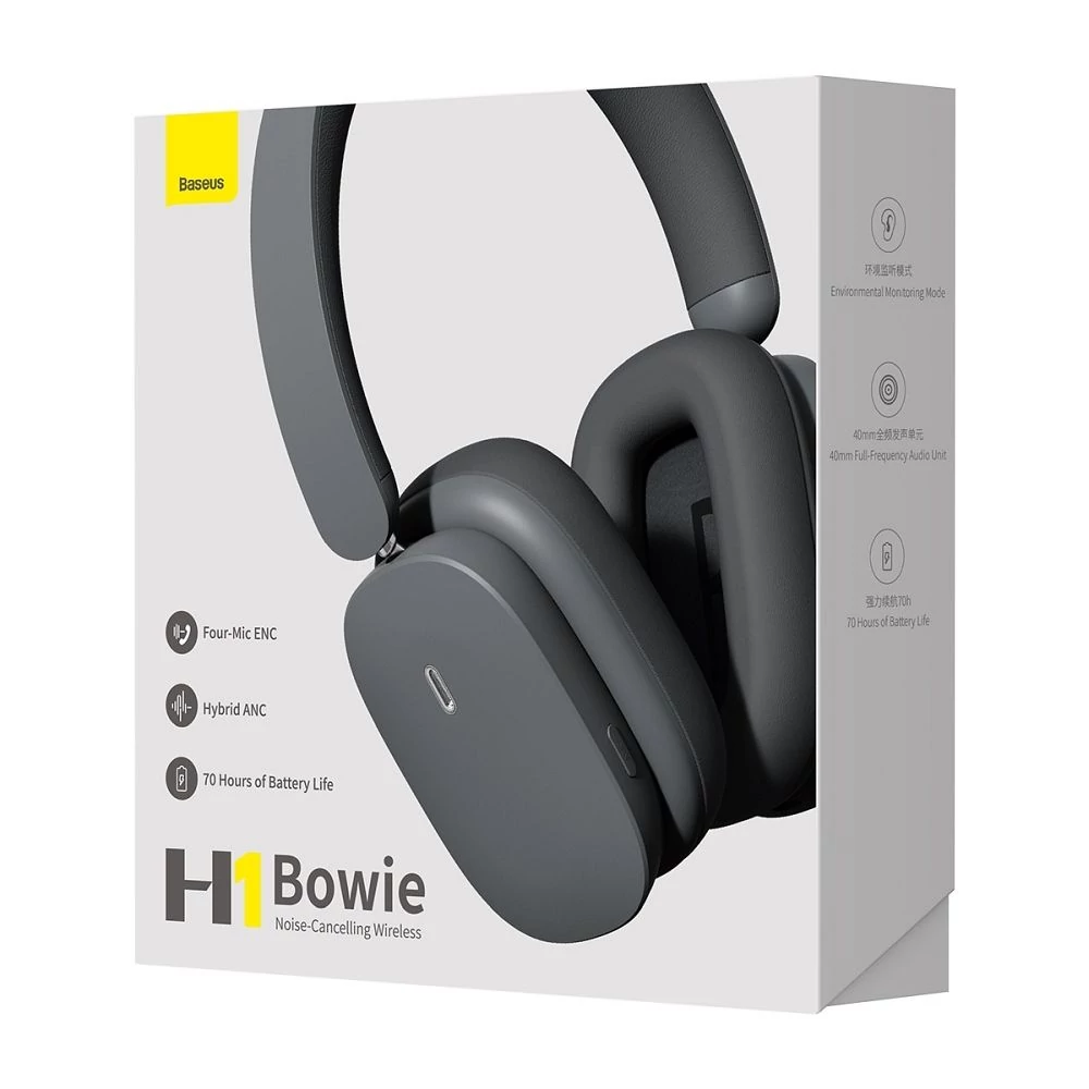 Bluetooth headset, Baseus Bowie H1 /NGTW230013/, sztereó fejhallgató mikrofonnal, fekete, bliszteres
