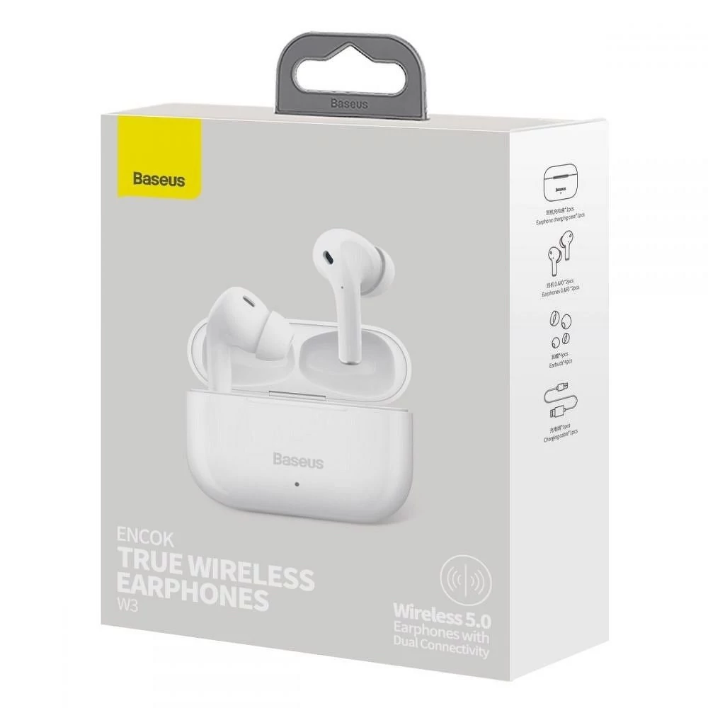 Bluetooth headset, Baseus Encok W3 /NGW3-02/, vezeték nélküli fülhallgató, töltő tokkal, fehér, bliszteres