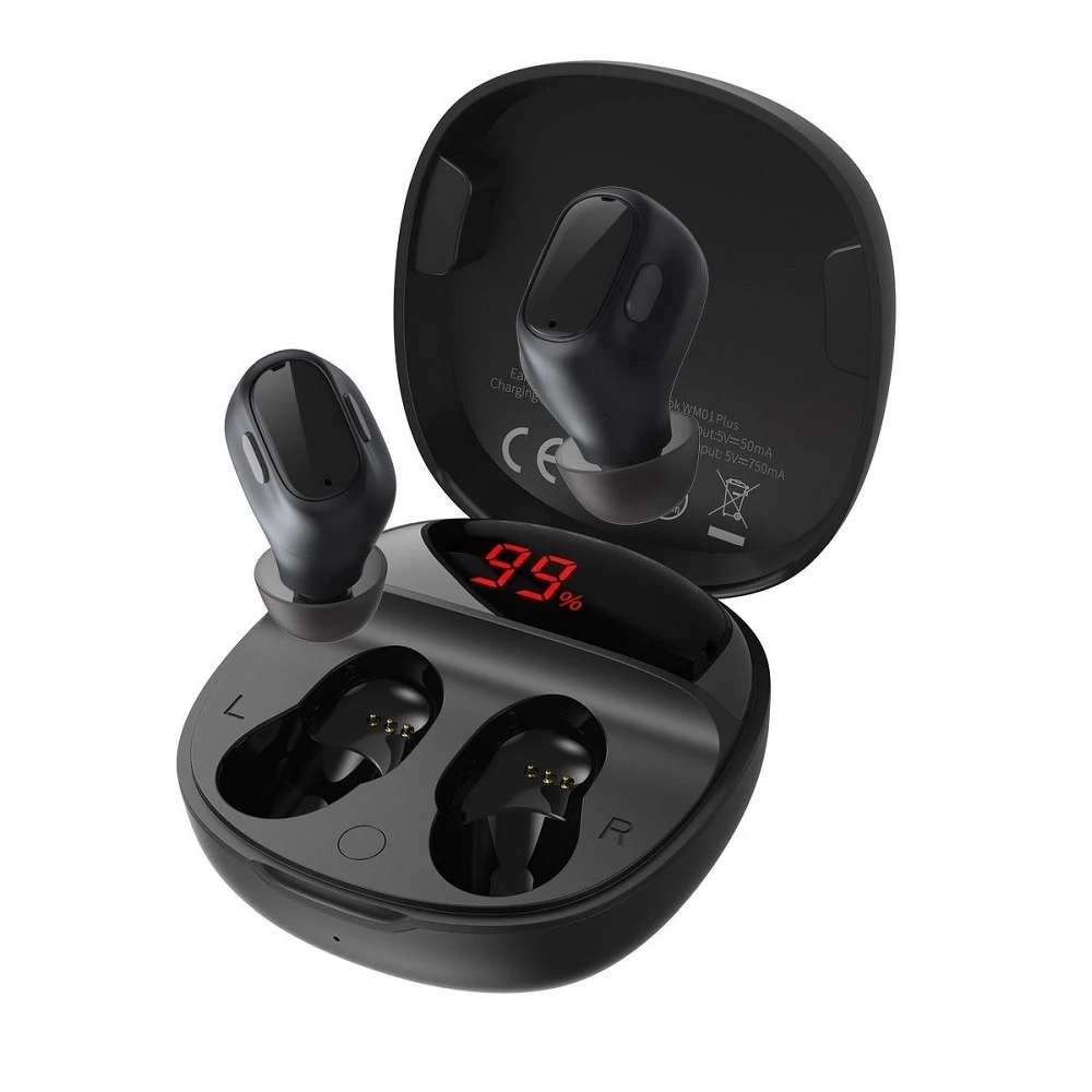 Bluetooth headset, Baseus Encok WM01 Plus /NGWM01P-01/NGWM010001/, vezeték nélküli fülhallgató, töltő tokkal, fekete, bliszteres