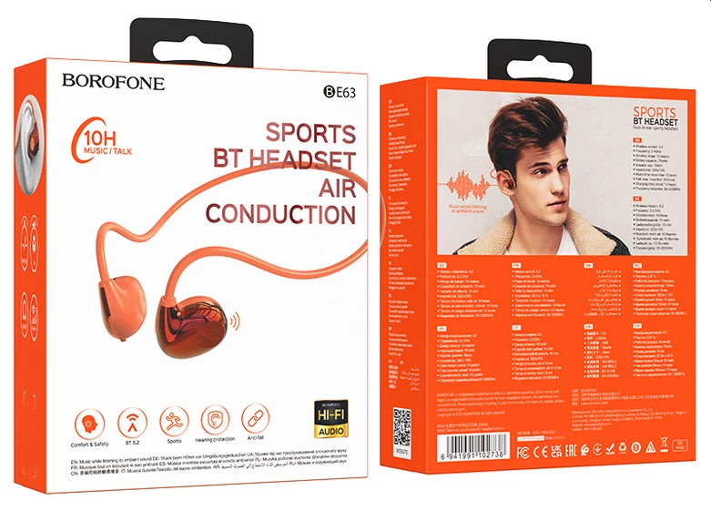 Headset, Borofone BE63 Talent Sport bluetooth headset, nyakba akasztható, narancssága, bliszteres