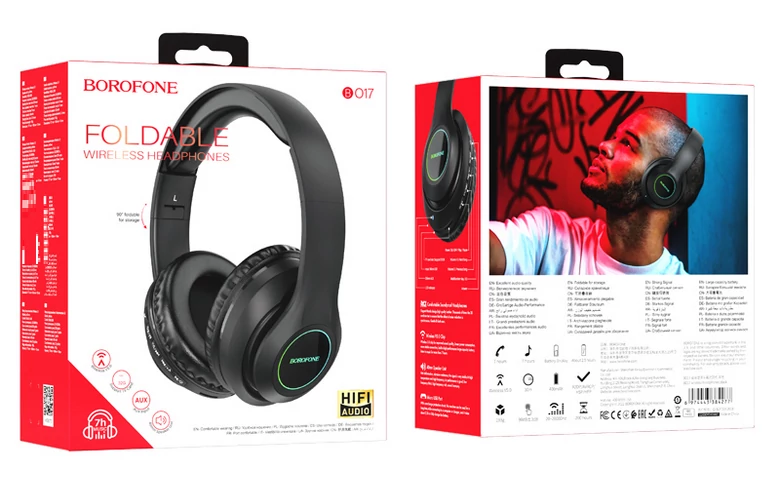 Bluetooth headset, Borofone BO17, sztereó fejhallgató mikrofonnal, fekete, bliszteres