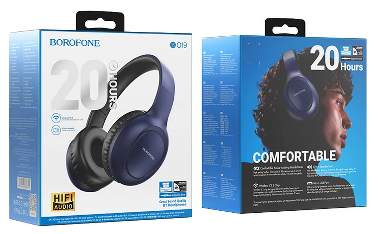 Bluetooth headset, Borofone BO19, sztereó fejhallgató mikrofonnal, sötétkék, bliszteres
