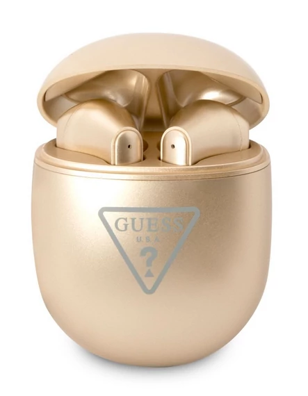 Bluetooth headset, Guess /Triangle Logo BT5.2/, vezeték nélküli fülhallgató, töltő tokkal, arany, bliszteres