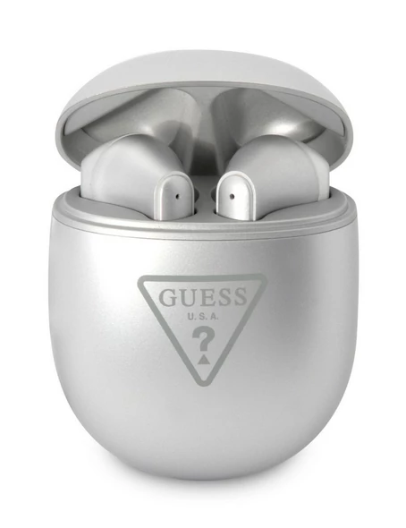 Bluetooth headset, Guess /Triangle Logo BT5.2/, vezeték nélküli fülhallgató, töltő tokkal, ezüst, bliszteres