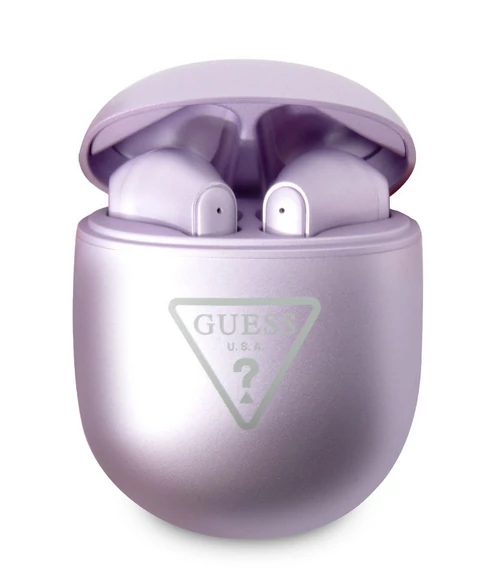 Bluetooth headset, Guess /Triangle Logo BT5.2/, vezeték nélküli fülhallgató, töltő tokkal, lila, bliszteres