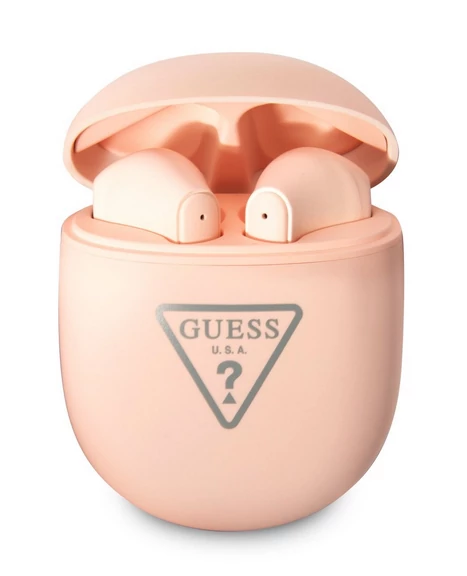 Bluetooth headset, Guess /Triangle Logo BT5.2/, vezeték nélküli fülhallgató, töltő tokkal, matt rózsaszín, bliszteres