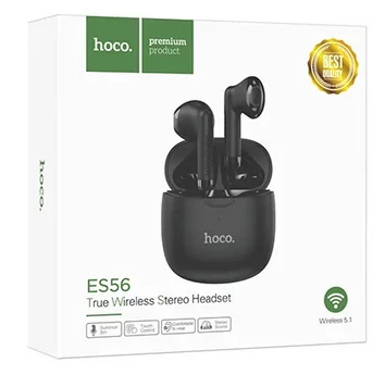 Bluetooth headset, Hoco ES56, vezeték nélküli fülhallgató, töltő tokkal, fekete, bliszteres