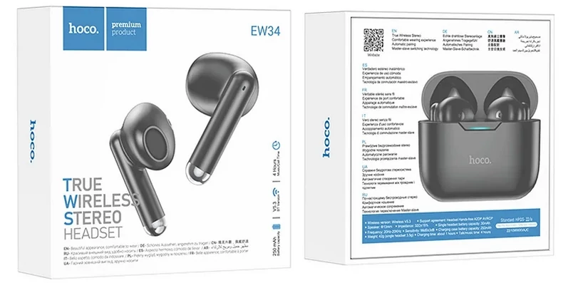 Bluetooth headset, Hoco EW34, vezeték nélküli fülhallgató, töltő tokkal, fekete, bliszteres