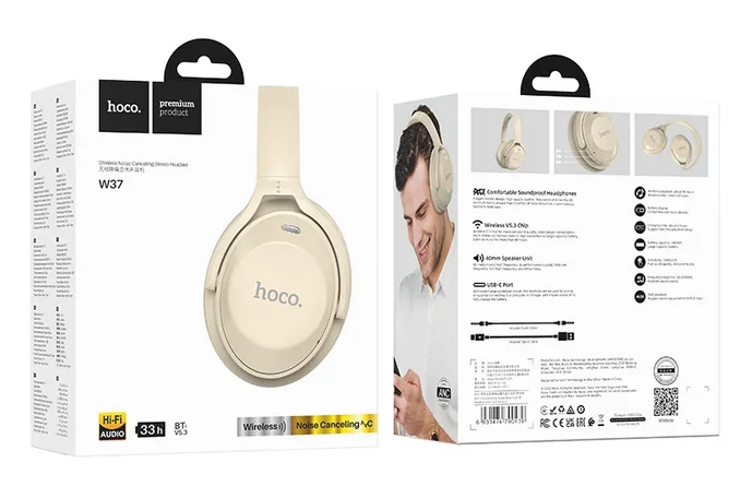 Bluetooth headset, HOCO W37, sztereó fejhallgató mikrofonnal, barna, bliszteres